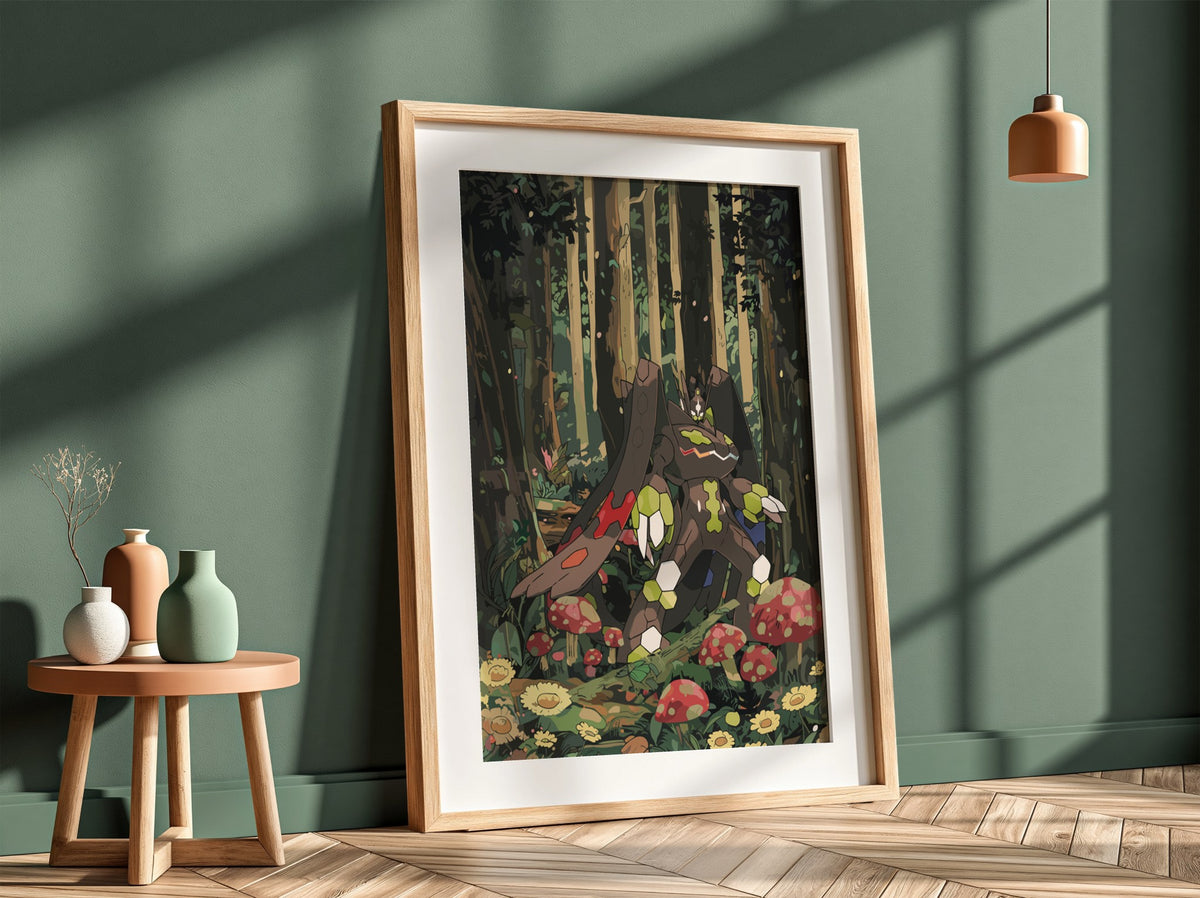 Poster of Zygarde in a stylized forest scene with green, brown, and red colors