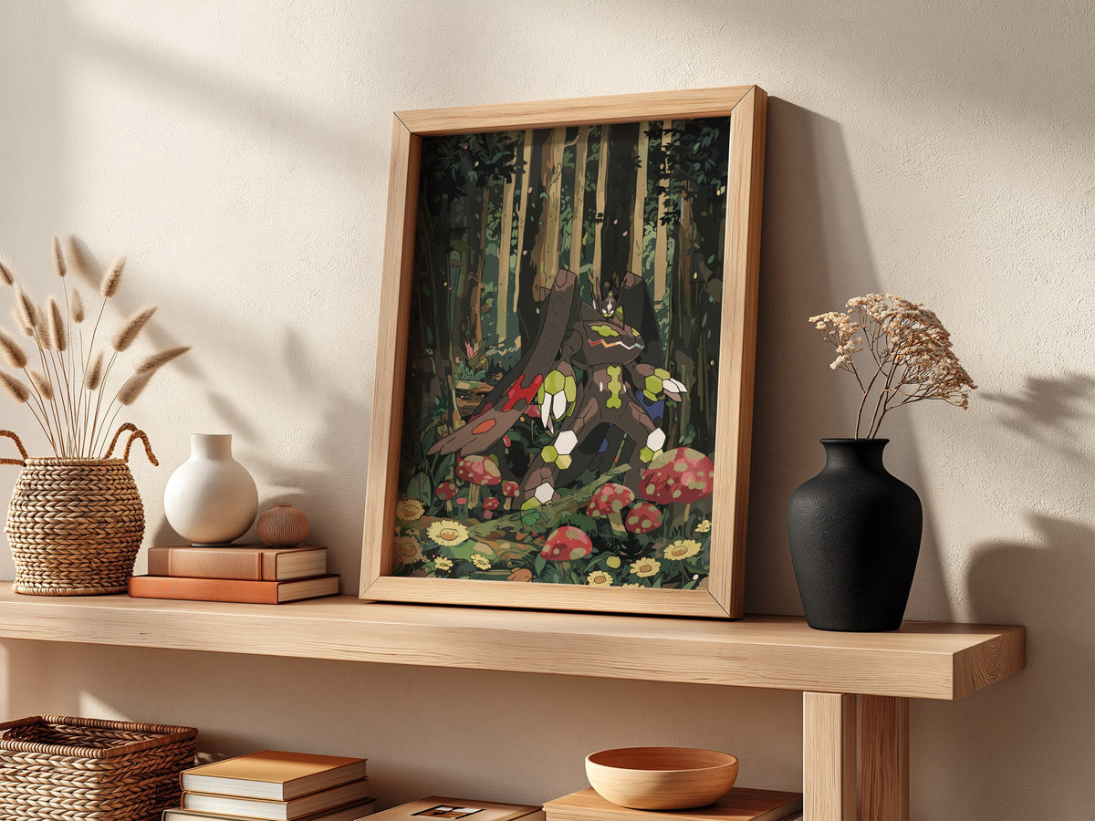 Poster of Zygarde in a stylized forest scene with green, brown, and red colors