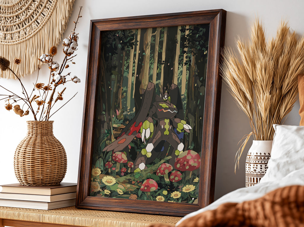 Poster of Zygarde in a stylized forest scene with green, brown, and red colors