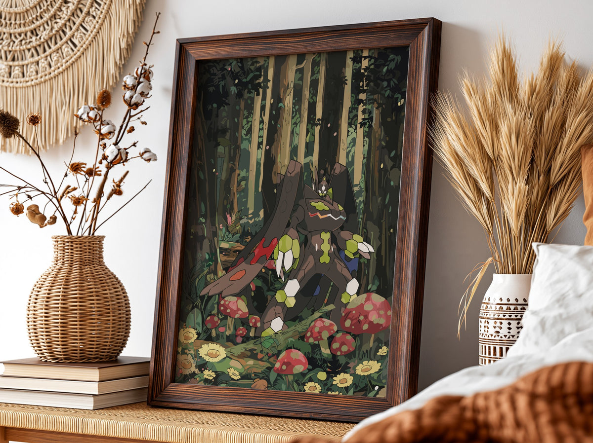 Poster of Zygarde in a stylized forest scene with green, brown, and red colors
