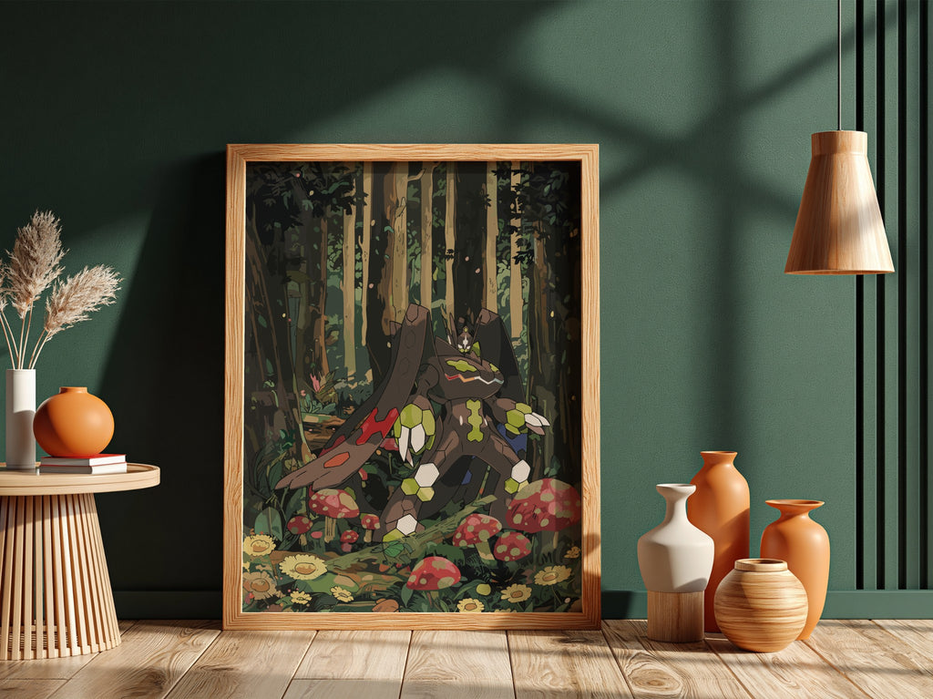 Poster of Zygarde in a stylized forest scene with green, brown, and red colors