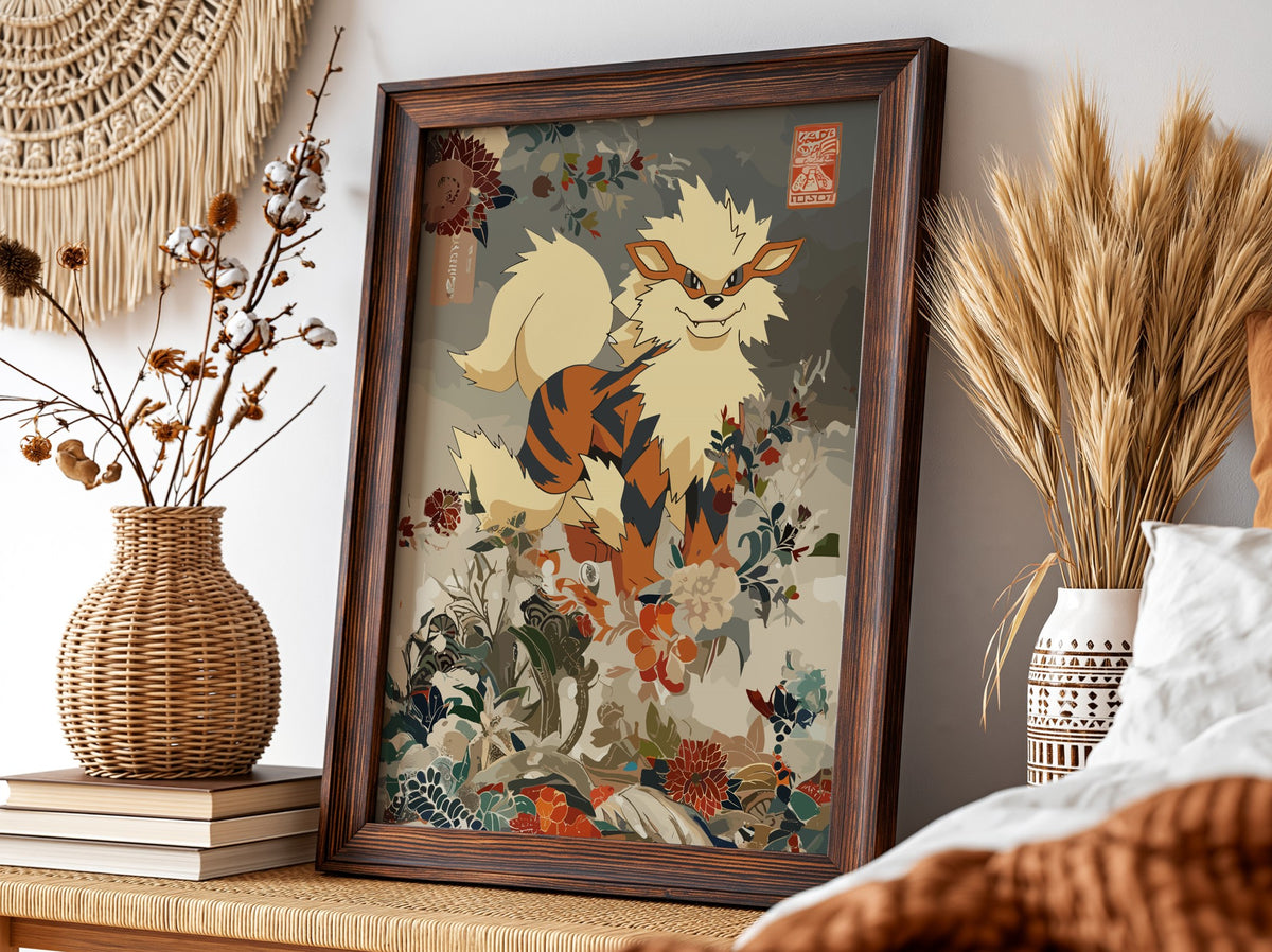 Poster featuring Arcanine mythical creature with cream, brown, orange tones and intricate floral background