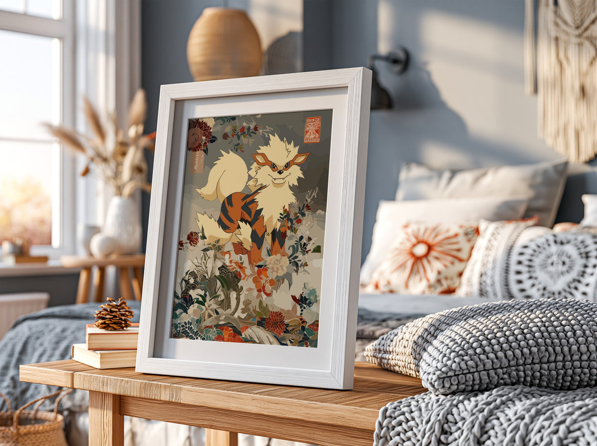 Poster featuring Arcanine mythical creature with cream, brown, orange tones and intricate floral background