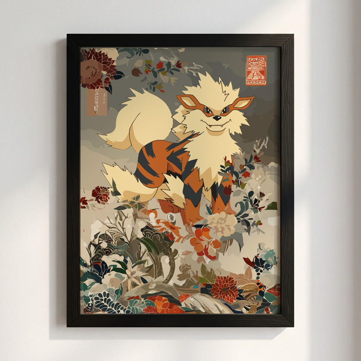 Poster featuring Arcanine mythical creature with cream, brown, orange tones and intricate floral background