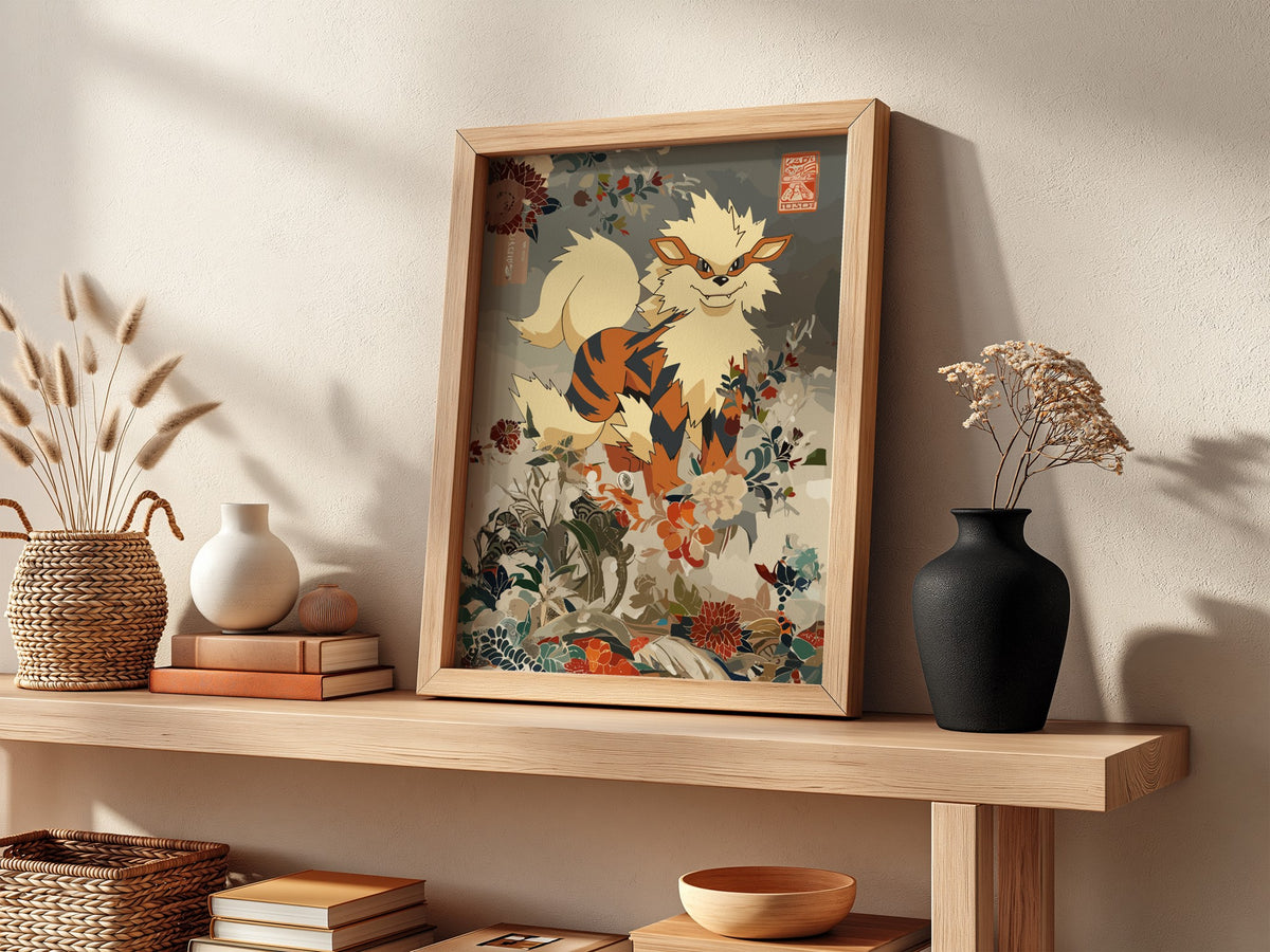 Poster featuring Arcanine mythical creature with cream, brown, orange tones and intricate floral background