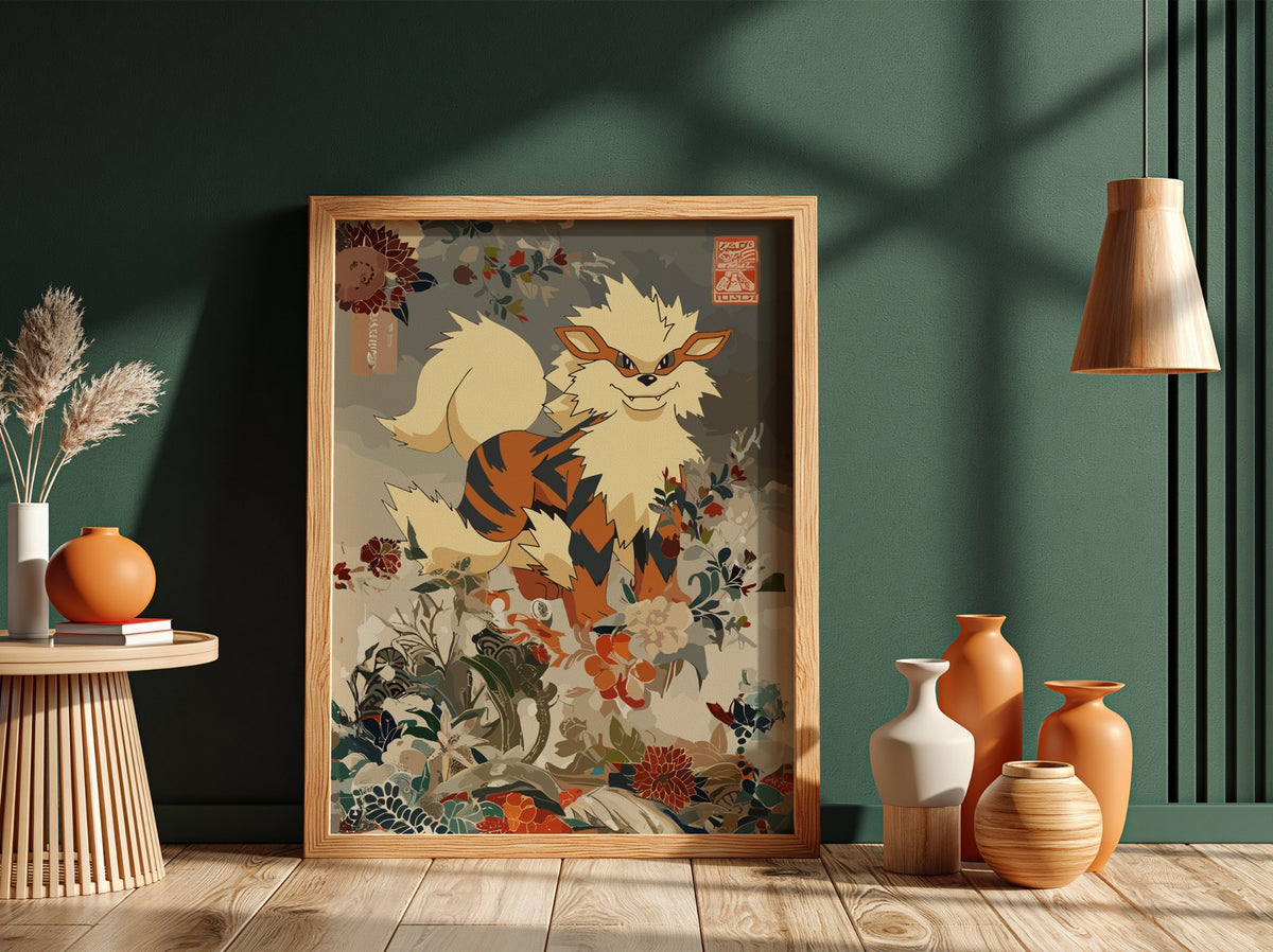 Poster featuring Arcanine mythical creature with cream, brown, orange tones and intricate floral background