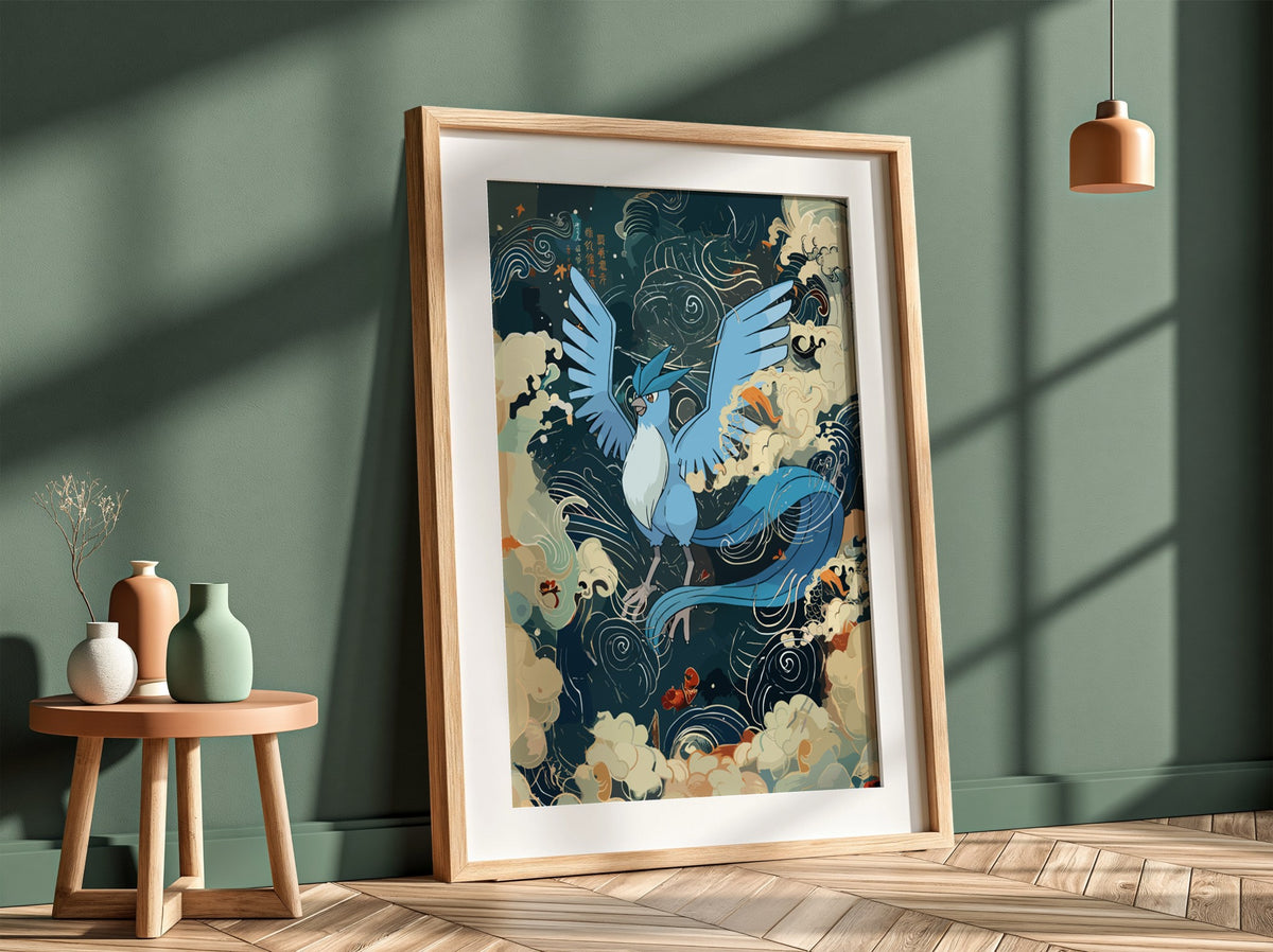 Articuno illustration poster with blue mythical bird, swirling clouds, and stylized wind patterns