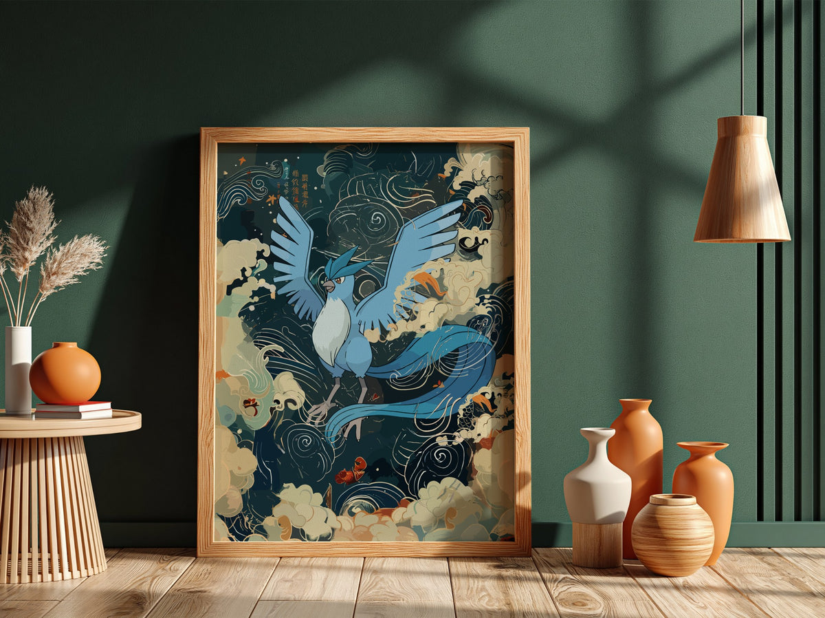 Articuno illustration poster with blue mythical bird, swirling clouds, and stylized wind patterns