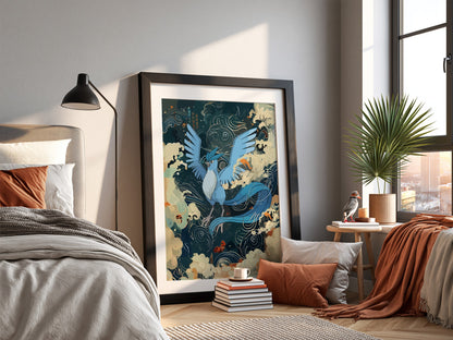 Articuno illustration poster with blue mythical bird, swirling clouds, and stylized wind patterns