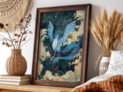 Articuno illustration poster with blue mythical bird, swirling clouds, and stylized wind patterns