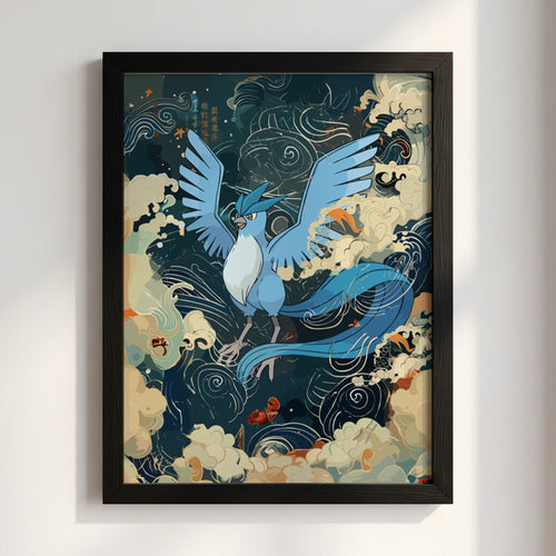 Articuno illustration poster with blue mythical bird, swirling clouds, and stylized wind patterns