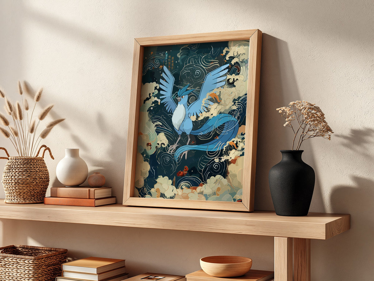 Articuno illustration poster with blue mythical bird, swirling clouds, and stylized wind patterns