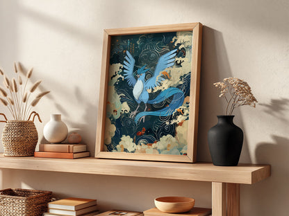 Articuno illustration poster with blue mythical bird, swirling clouds, and stylized wind patterns