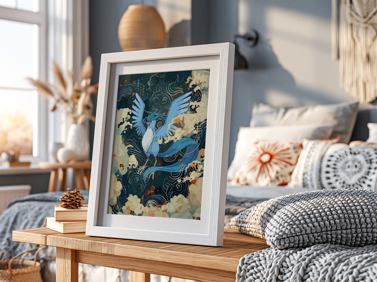 Articuno illustration poster with blue mythical bird, swirling clouds, and stylized wind patterns