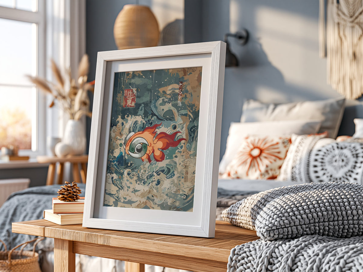 Poster wall art showing fiery chi-yu fish with flowing flames and blue swirling waves in Japanese style