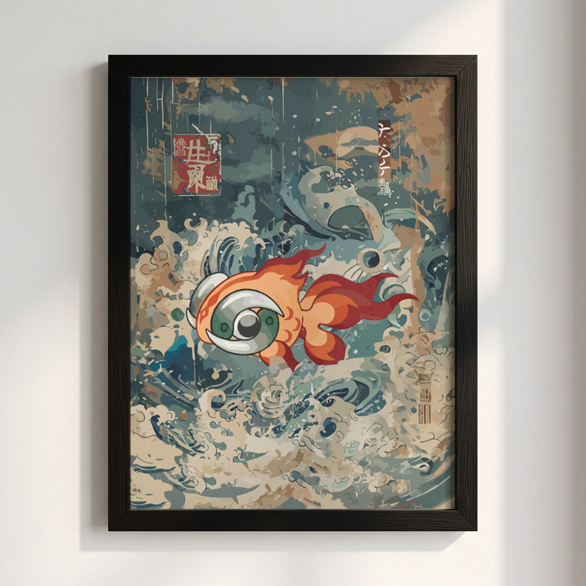 Poster wall art showing fiery chi-yu fish with flowing flames and blue swirling waves in Japanese style