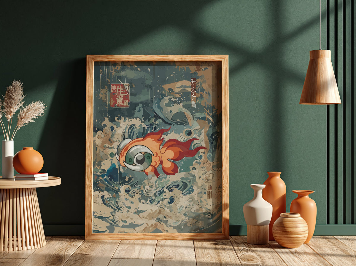 Poster wall art showing fiery chi-yu fish with flowing flames and blue swirling waves in Japanese style