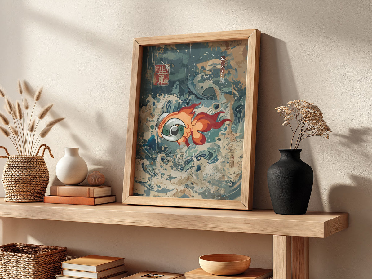Poster wall art showing fiery chi-yu fish with flowing flames and blue swirling waves in Japanese style