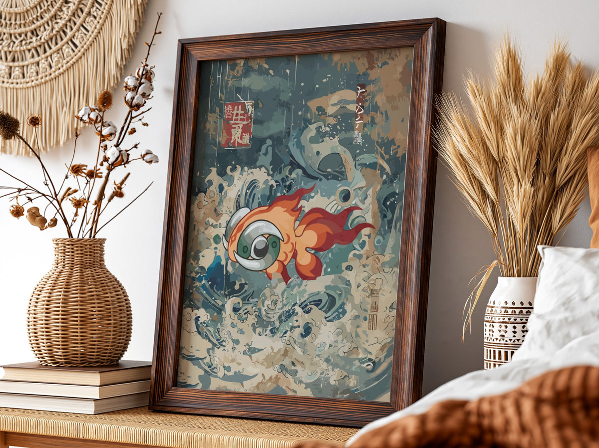 Poster wall art showing fiery chi-yu fish with flowing flames and blue swirling waves in Japanese style