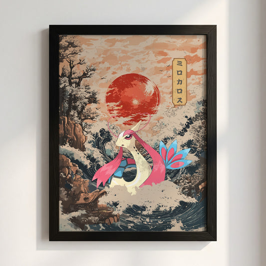 Pokemon poster featuring colorful Milotic with red sun and traditional Japanese style landscape in muted