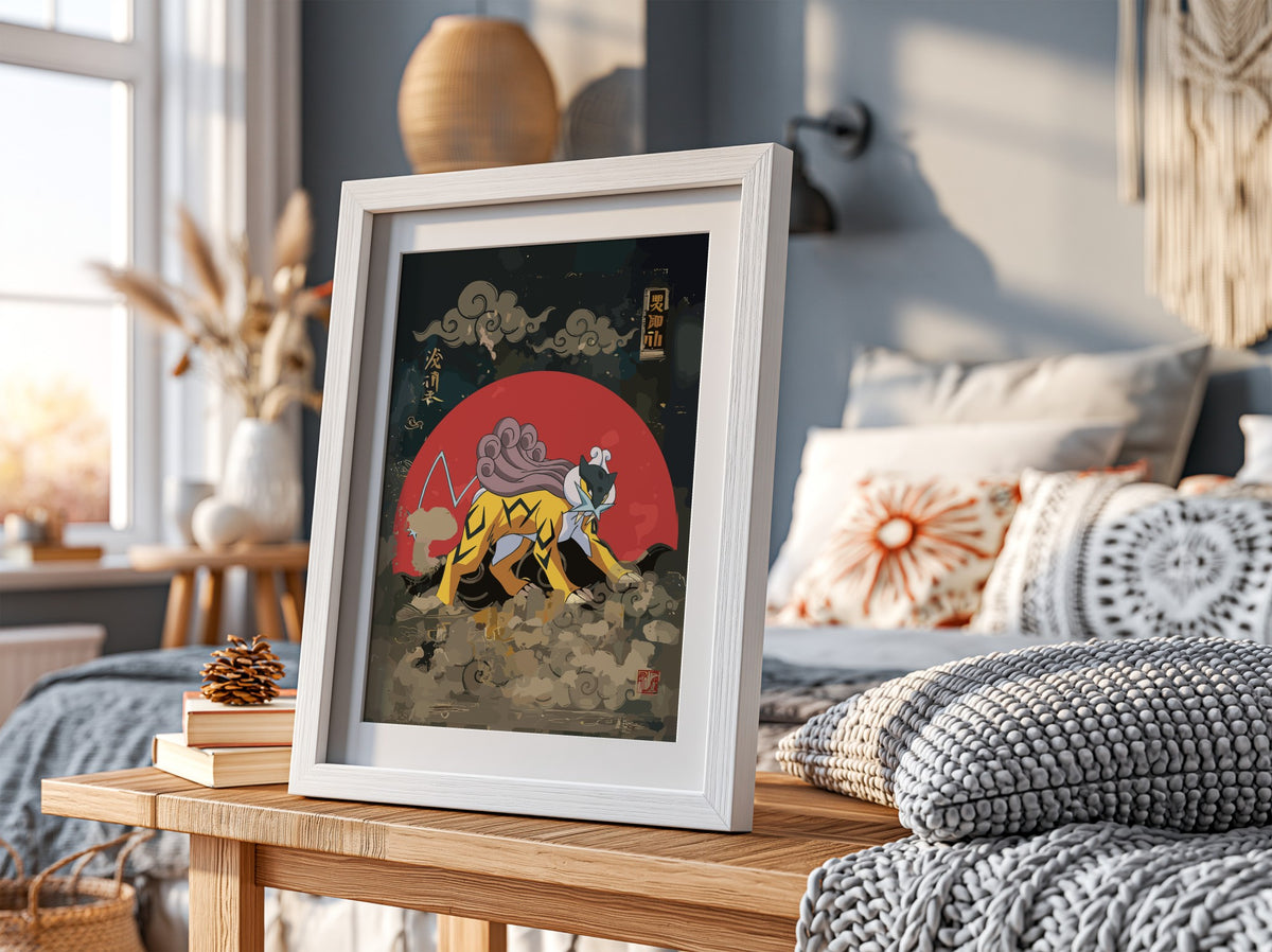 Raikou Japanese poster with red sun, yellow lightning beast, smoky clouds in traditional style