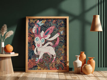 Framed Sylveon character poster with pastel pink and blue ribbons and detailed floral background