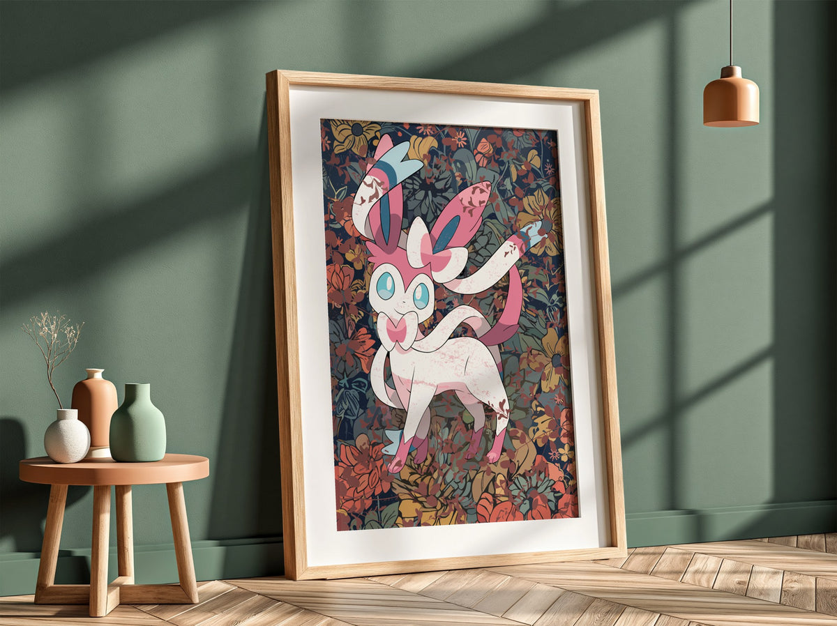 Framed Sylveon character poster with pastel pink and blue ribbons and detailed floral background