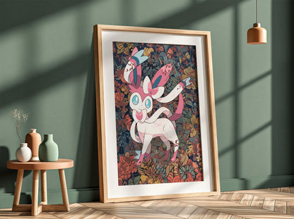 Framed Sylveon character poster with pastel pink and blue ribbons and detailed floral background