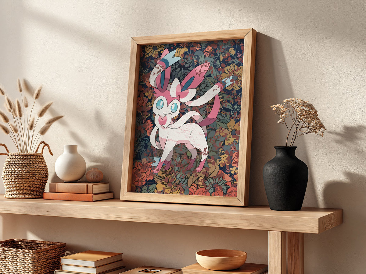 Framed Sylveon character poster with pastel pink and blue ribbons and detailed floral background