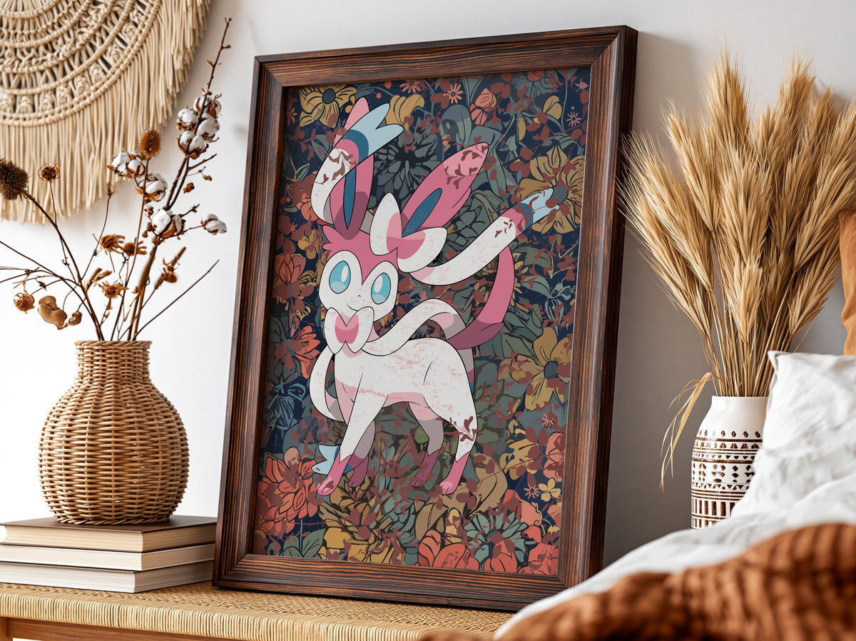 Framed Sylveon character poster with pastel pink and blue ribbons and detailed floral background