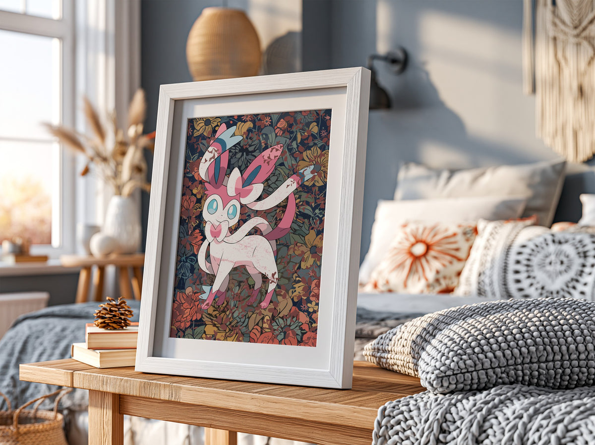 Framed Sylveon character poster with pastel pink and blue ribbons and detailed floral background