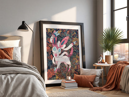 Framed Sylveon character poster with pastel pink and blue ribbons and detailed floral background