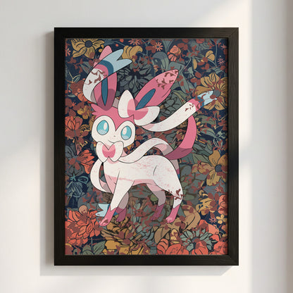 Framed Sylveon character poster with pastel pink and blue ribbons and detailed floral background