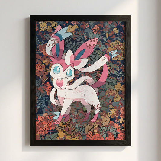 Framed Sylveon character poster with pastel pink and blue ribbons and detailed floral background