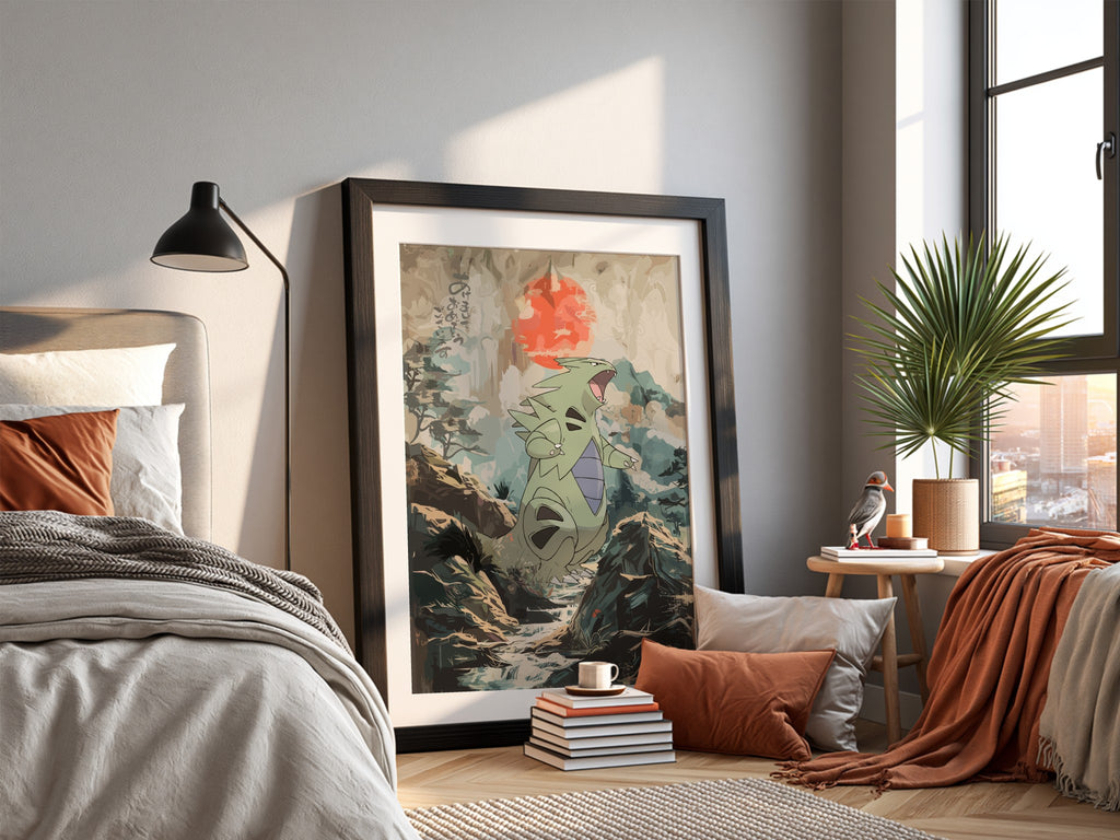 Tyranitar illustration poster with muted greens and reds in a forest setting with bold red sun
