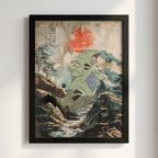 Tyranitar illustration poster with muted greens and reds in a forest setting with bold red sun