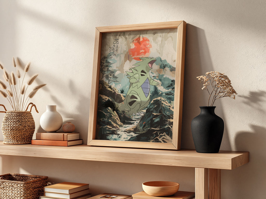 Tyranitar illustration poster with muted greens and reds in a forest setting with bold red sun