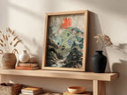 Tyranitar illustration poster with muted greens and reds in a forest setting with bold red sun