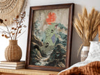 Tyranitar illustration poster with muted greens and reds in a forest setting with bold red sun