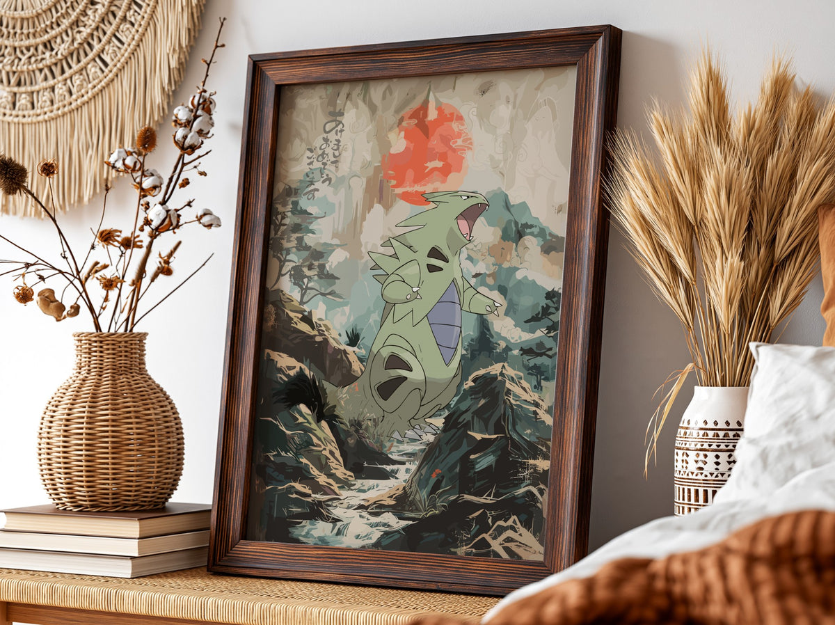 Tyranitar illustration poster with muted greens and reds in a forest setting with bold red sun