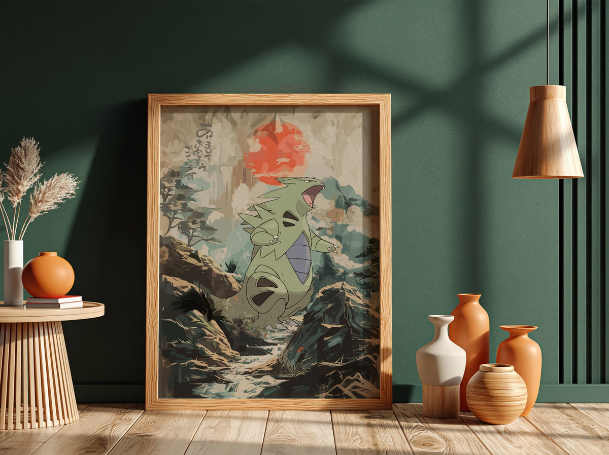 Tyranitar illustration poster with muted greens and reds in a forest setting with bold red sun
