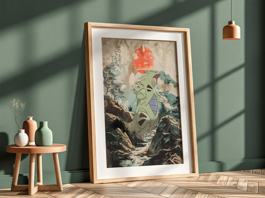 Tyranitar illustration poster with muted greens and reds in a forest setting with bold red sun