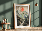 Tyranitar illustration poster with muted greens and reds in a forest setting with bold red sun