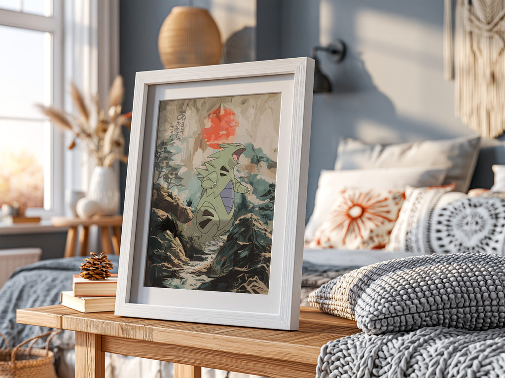Tyranitar illustration poster with muted greens and reds in a forest setting with bold red sun