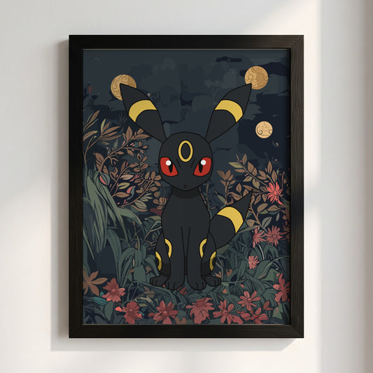 Poster of Umbreon character in dark fantasy style with deep blues, reds, yellow highlights, and detailed